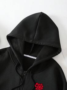 SHEIN EZwear 加大码印花拉链抽绳保暖内衬卫衣 - 黑色 - 查看 3