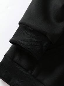 SHEIN EZwear 加大码印花拉链抽绳保暖内衬卫衣 - 黑色 - 查看 5