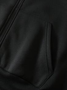 SHEIN EZwear 加大码印花拉链抽绳保暖内衬卫衣 - 黑色 - 查看 7