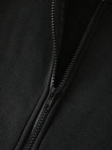 SHEIN EZwear 加大码印花拉链抽绳保暖内衬卫衣 - 黑色 - 查看 8