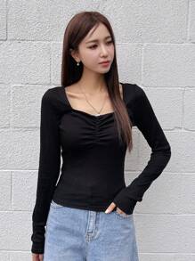 DAZY 甜心领褶饰 T 恤，秋季服装，返校服装长袖女式上衣 - 黑色 - 查看 7