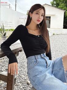 DAZY 甜心领褶饰 T 恤，秋季服装，返校服装长袖女式上衣 - 黑色 - 查看 5