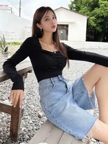 DAZY 甜心领褶饰 T 恤，秋季服装，返校服装长袖女式上衣 - 黑色 - 查看 8