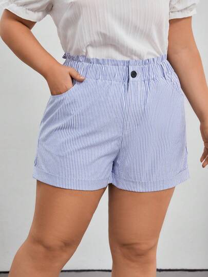 SHEIN Essnce 大碼條紋印花紙袋腰卷邊短褲