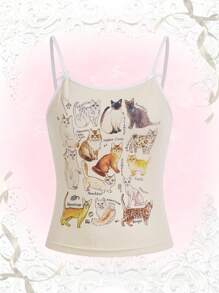 JOLLY by Jiajia Kawaii Đồ họa Hoạt hình Tương phản ràng buộc Cami ngọn - Màu vàng - Xem 1