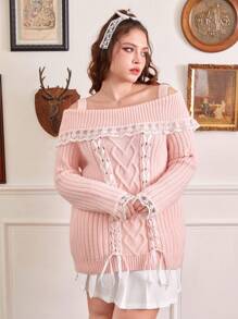 ROMWE Kawaii Hơn Lace lên phía trước Vai lạnh Trang trí ren Áo len - Hồng - Xem 1