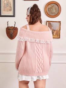 ROMWE Kawaii Hơn Lace lên phía trước Vai lạnh Trang trí ren Áo len - Hồng - Xem 2