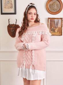 ROMWE Kawaii Hơn Lace lên phía trước Vai lạnh Trang trí ren Áo len - Hồng - Xem 3