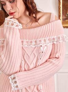 ROMWE Kawaii Hơn Lace lên phía trước Vai lạnh Trang trí ren Áo len - Hồng - Xem 5