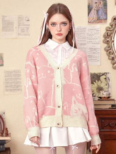 Kawaii Cartoon Pattern Drop Shoulder Cardigan