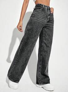 高腰闊腿牛仔褲 - 灰色 - 查看 5