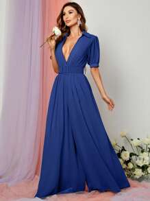 Plunge Neck Puff Sleeve Wide Leg Jumpsuit - Royal Blue - View 3