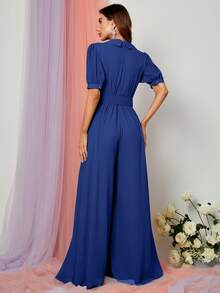 Plunge Neck Puff Sleeve Wide Leg Jumpsuit - Royal Blue - View 2