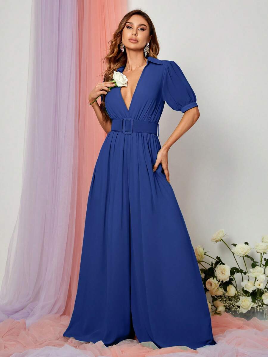 Plunge Neck Puff Sleeve Wide Leg Jumpsuit - Royal Blue - View 1