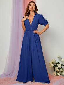 Plunge Neck Puff Sleeve Wide Leg Jumpsuit - Royal Blue - View 5