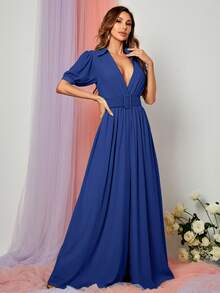 Plunge Neck Puff Sleeve Wide Leg Jumpsuit - Royal Blue - View 6
