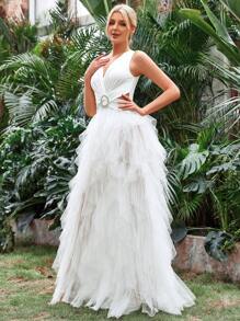 水鑽環連接荷葉邊網紗覆蓋連衣裙 - 白色 - 查看 5