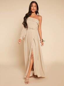 SHEIN Belle Vestido de dama de honor de manga farol de un hombro bajo cruzado - Caqui - Ver 1