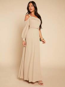 SHEIN Belle Vestido de dama de honor de manga farol de un hombro bajo cruzado - Caqui - Ver 6
