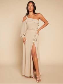 SHEIN Belle Vestido de dama de honor de manga farol de un hombro bajo cruzado - Caqui - Ver 7