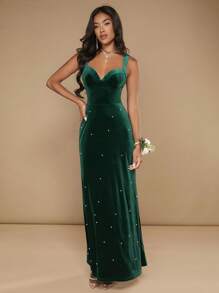 SHEIN Belle Pearls Beaded Velvet Maxi Cami Dress - Dark Green - View 1