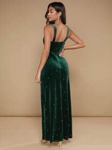 SHEIN Belle Pearls Beaded Velvet Maxi Cami Dress - Dark Green - View 2
