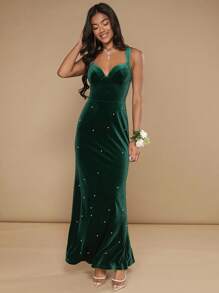 SHEIN Belle Pearls Beaded Velvet Maxi Cami Dress - Dark Green - View 3