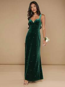 SHEIN Belle Pearls Beaded Velvet Maxi Cami Dress - Dark Green - View 4
