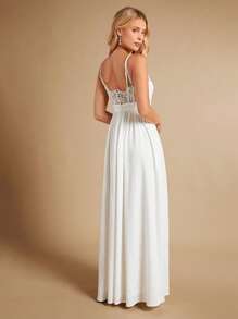 SHEIN Belle Lưới tương phản Hai Dây Váy dự tiệc - trắng - Xem 1