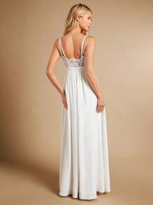 SHEIN Belle Lưới tương phản Hai Dây Váy dự tiệc - trắng - Xem 2