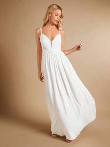 SHEIN Belle Lưới tương phản Hai Dây Váy dự tiệc - trắng - Xem 4