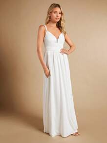 SHEIN Belle Lưới tương phản Hai Dây Váy dự tiệc - trắng - Xem 5