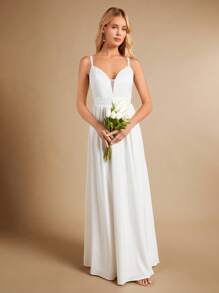 SHEIN Belle Lưới tương phản Hai Dây Váy dự tiệc - trắng - Xem 7