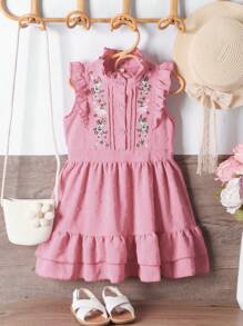 SHEIN Young Girl Floral Embroidery Ruffle Trim Swiss Dot Dress - Pink - View 1