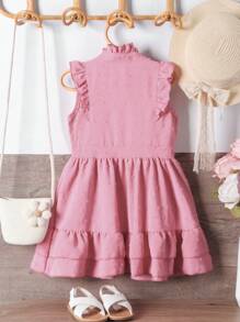 SHEIN Young Girl Floral Embroidery Ruffle Trim Swiss Dot Dress - Pink - View 2