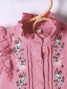 SHEIN Young Girl Floral Embroidery Ruffle Trim Swiss Dot Dress - Pink - View 4