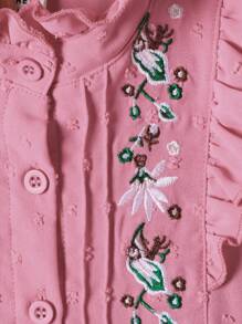 SHEIN Young Girl Floral Embroidery Ruffle Trim Swiss Dot Dress - Pink - View 5