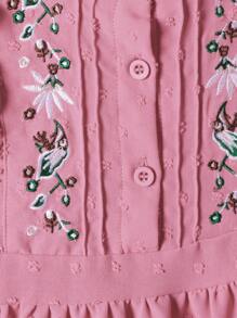 SHEIN Young Girl Floral Embroidery Ruffle Trim Swiss Dot Dress - Pink - View 6