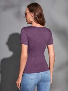 SHEIN Tall 素色V領T恤 - 紫色 - 查看 2