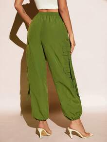 SHEIN BAE 側翻蓋口袋腰部抽繩工裝褲 - 綠色 - 查看 2