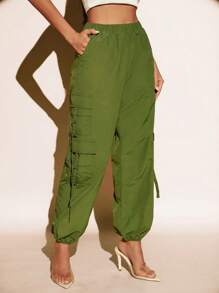 SHEIN BAE 側翻蓋口袋腰部抽繩工裝褲 - 綠色 - 查看 3