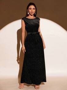 SHEIN Belle 素色繫腰帶連衣裙 - 黑色 - 查看 4