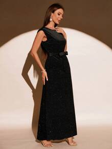 SHEIN Belle 素色繫腰帶連衣裙 - 黑色 - 查看 5