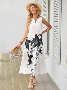 Modelyn Floral Print Notched Neckline Sleeveless Dress - White - View 1