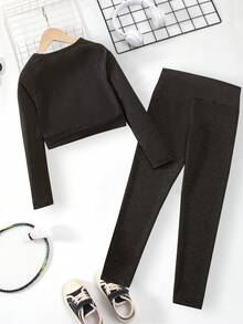 SHEIN Cô gái Tween Thư được vá Tay Raglan Áo thun và Leggings - màu đen - Xem 2