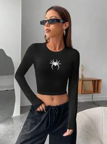 SHEIN EZwear 蜘蛛印花短款T恤 - 黑色 - 查看 1