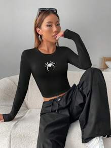 SHEIN EZwear 蜘蛛印花短款T恤 - 黑色 - 查看 5