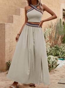 SHEIN VCAY 織帶拼接短款上衣&高衩半身裙 - 卡其色 - 查看 2