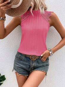 SHEIN VCAY Blusa con encaje en contraste de espalda con abertura de ojo - Rosa Fucsia - Ver 5