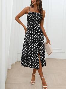 SHEIN Essnce 滿版心形印花高衩吊帶連衣裙 - 黑色 - 查看 3